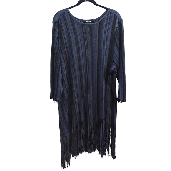 NIC+ZOE Navy Striped Boatneck Pullover Fringed Linen Sweater - Picture 1 of 11